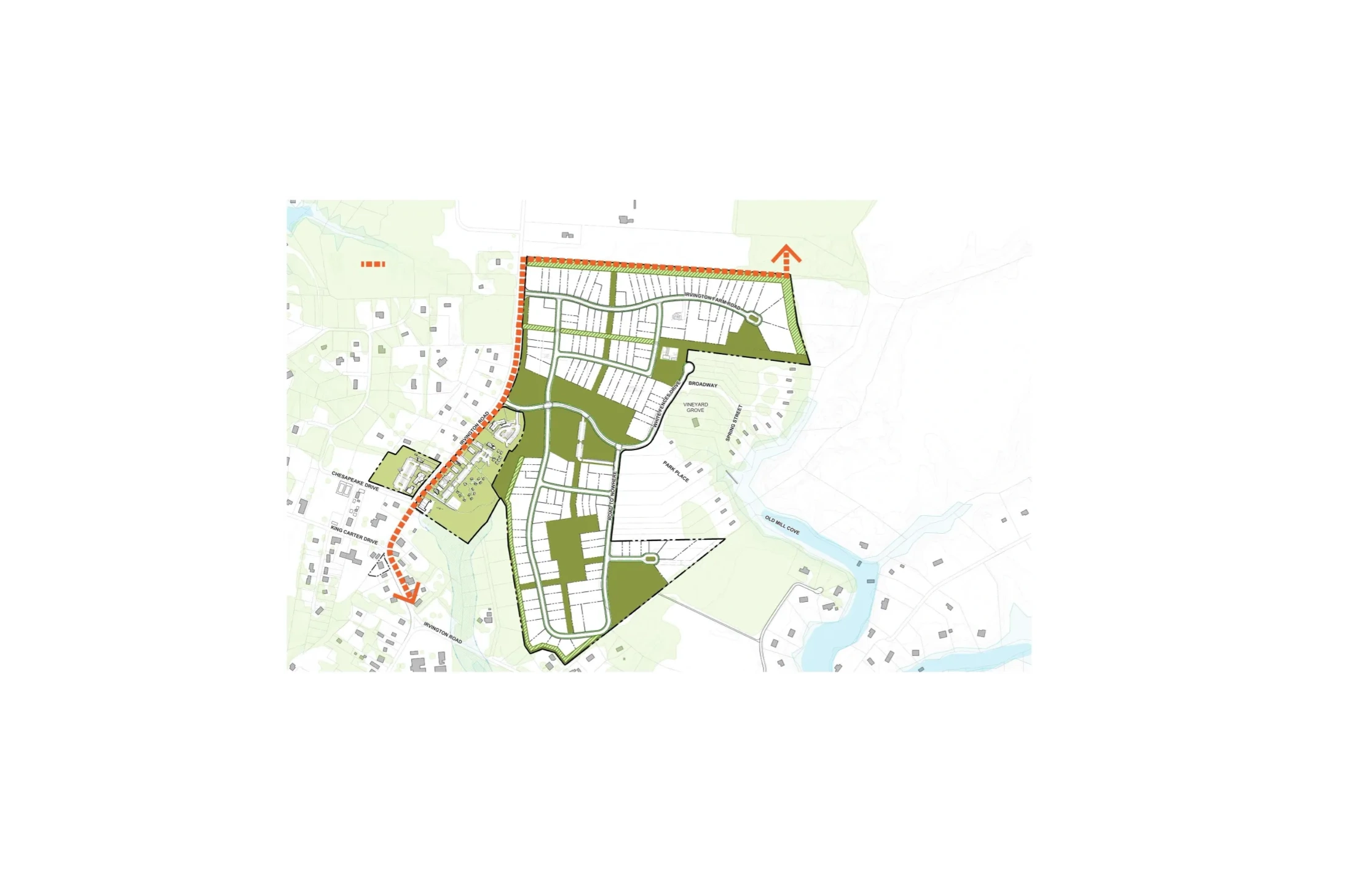 Urban master plan map — residential streets, green spaces, water features