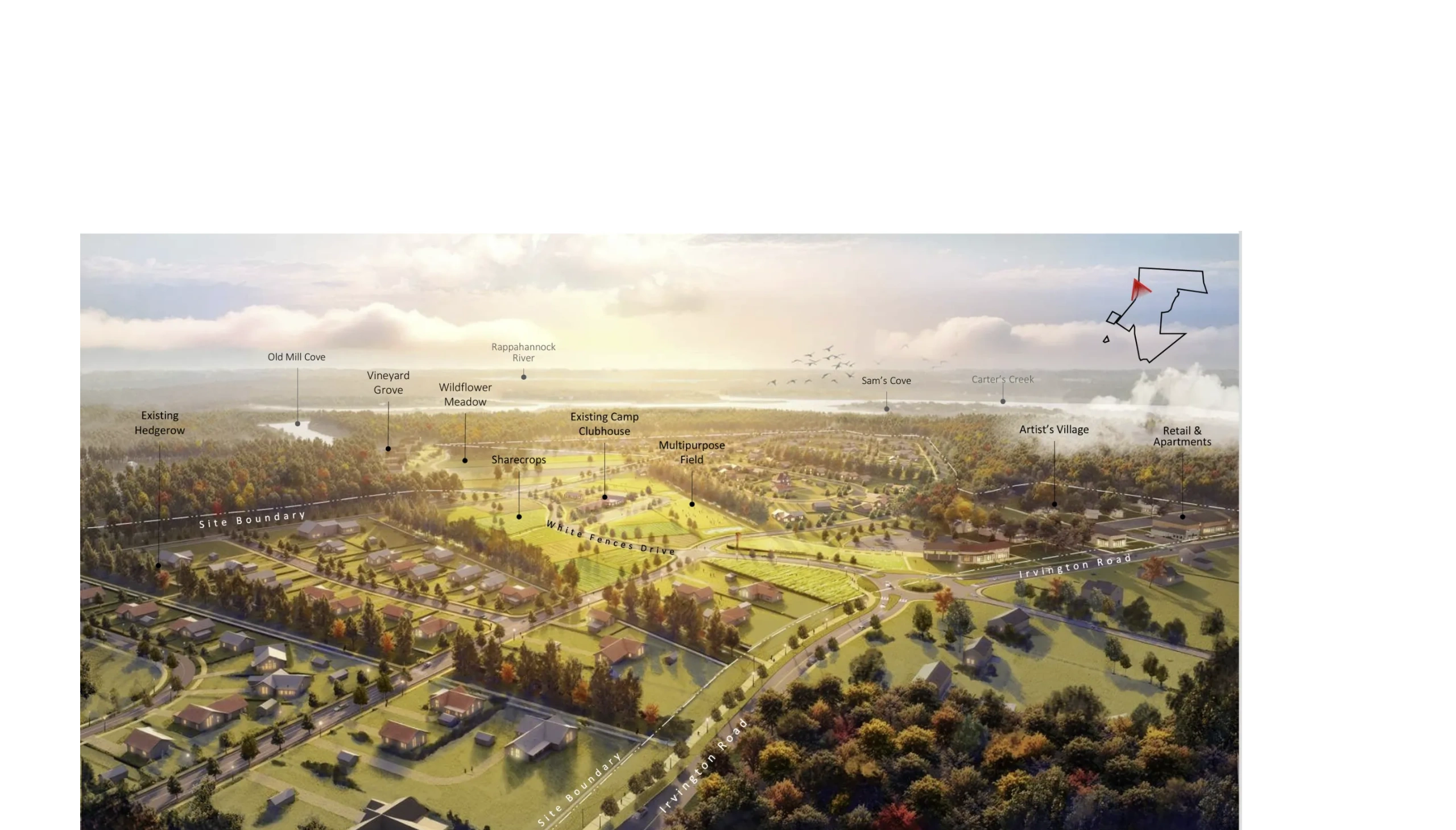 Aerial rendering of planned development along Rappahannock River